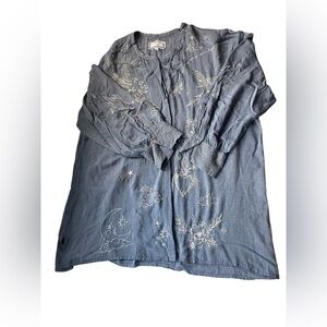 Johnny Was Blue Embroidered Button Down Shirt